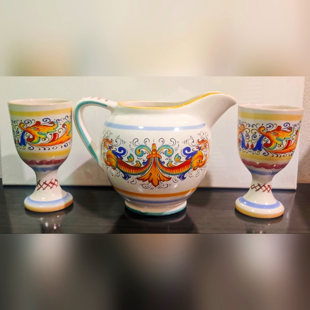 VTG Rare Set Italian Pottery Pitcher Jug W/ 2 Goblets Dragon Motif Deruta Italy